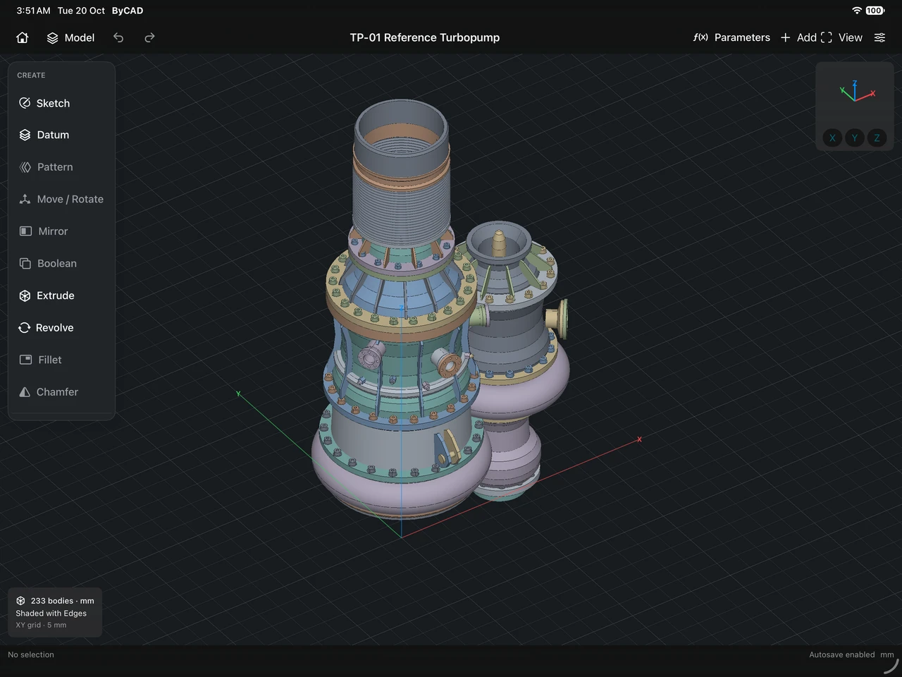 Turbopump concept model in shaded with edges view in the ByCAD iPad workspace, Dark appearance.